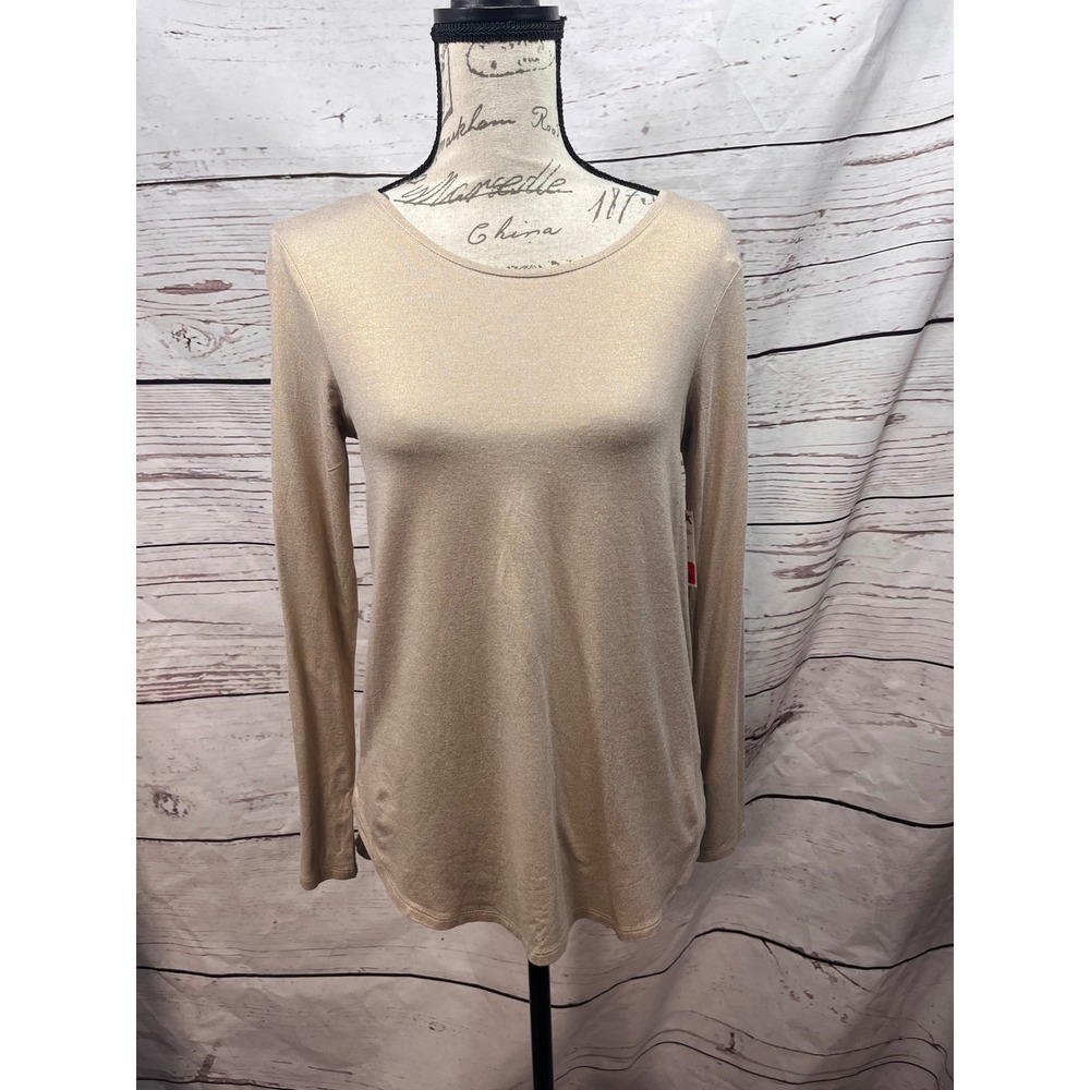 Tahari Womens Gold Metallic Shimmer Long Sleeve Crew Neck Top XS NWT